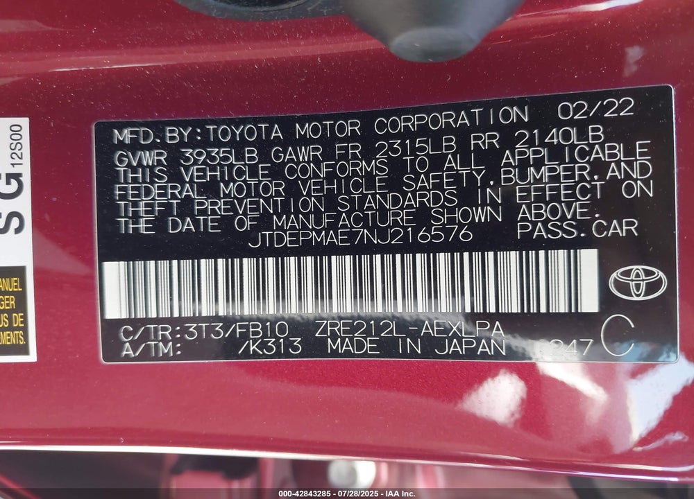 2022 TOYOTA COROLLA VIN: JTDEPMAE7NJ216576