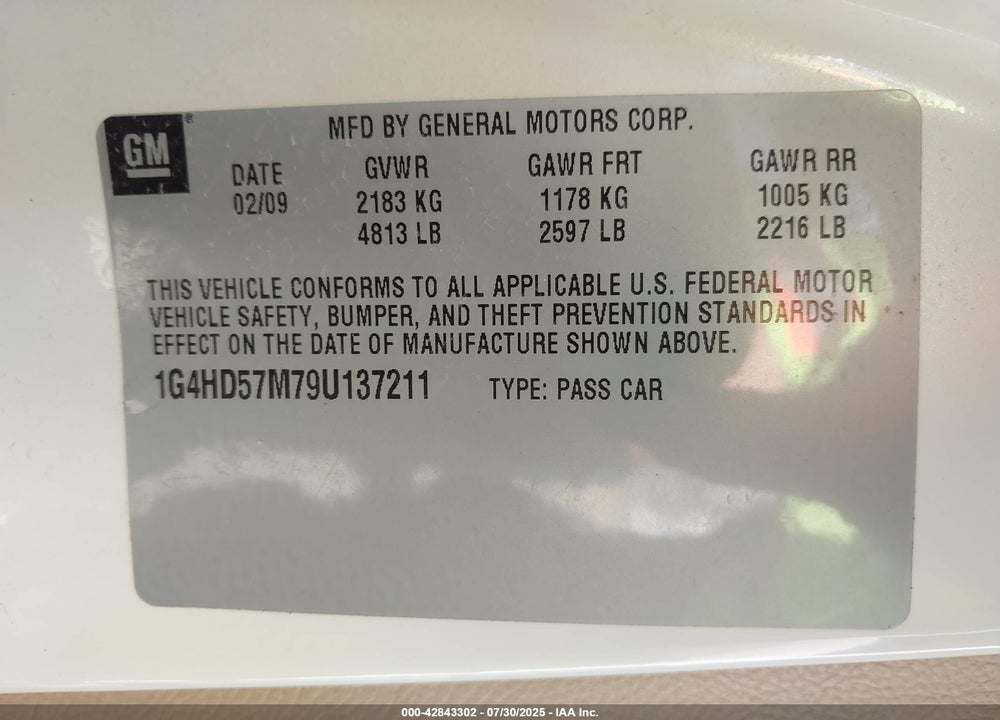 2009 BUICK LUCERNE VIN: 1G4HD57M79U137211