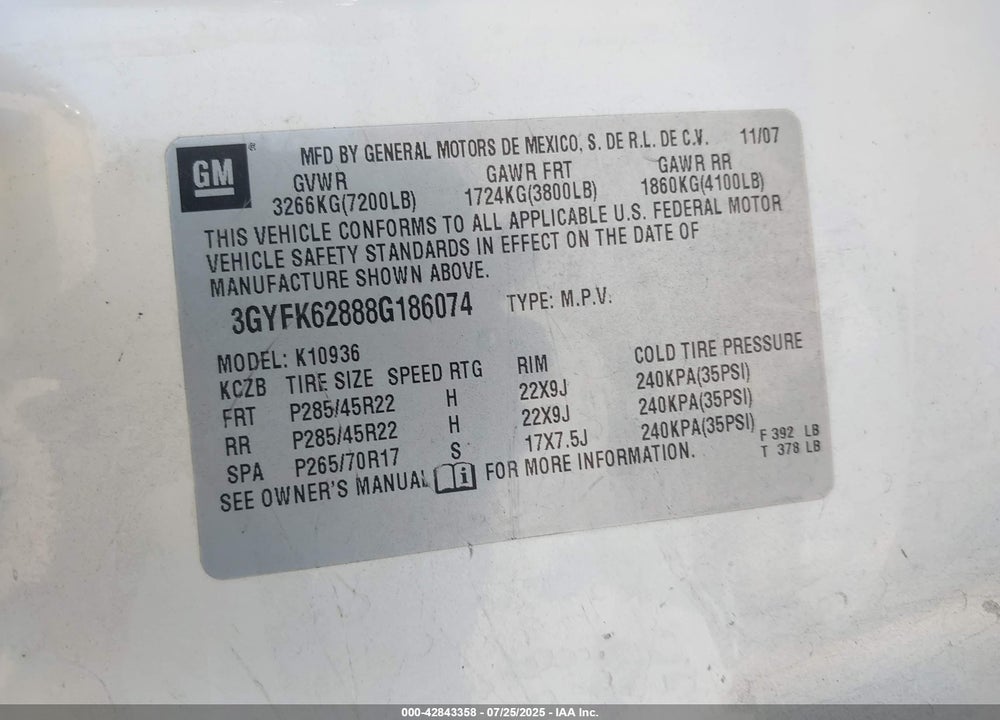 2007 CADILLAC ESCALADE ESV VIN: 1GYFK66837R350274