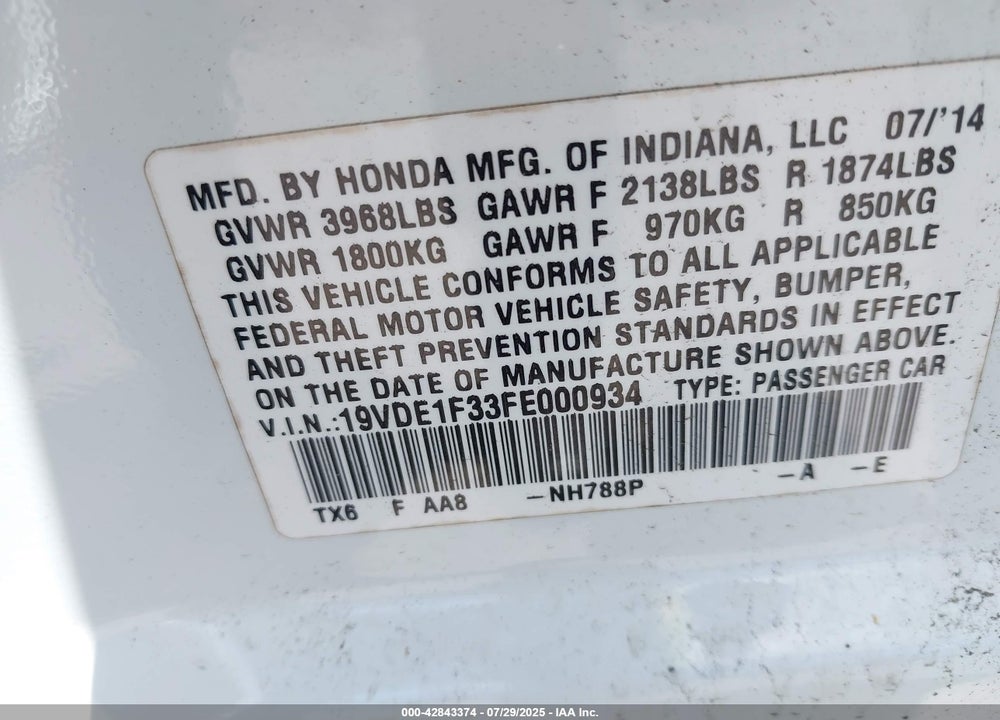2015 ACURA ILX VIN: 19VDE1F33FE000934
