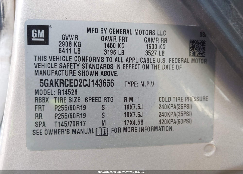 2012 BUICK ENCLAVE VIN: 5GAKRCED2CJ143656