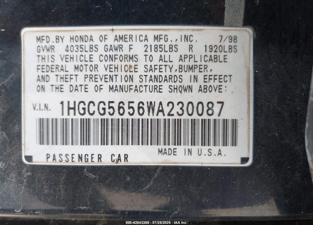 1998 HONDA ACCORD EX VIN: 1HGCG5656WA230087