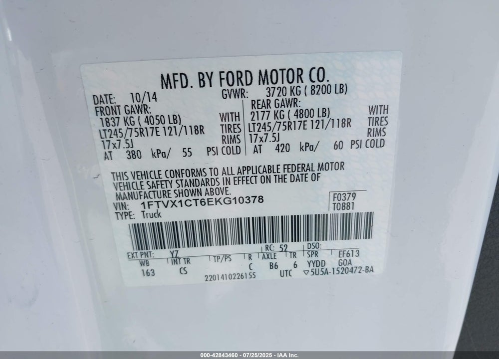 2014 FORD F-150 VIN: 1FTVX1CT6EKG10378