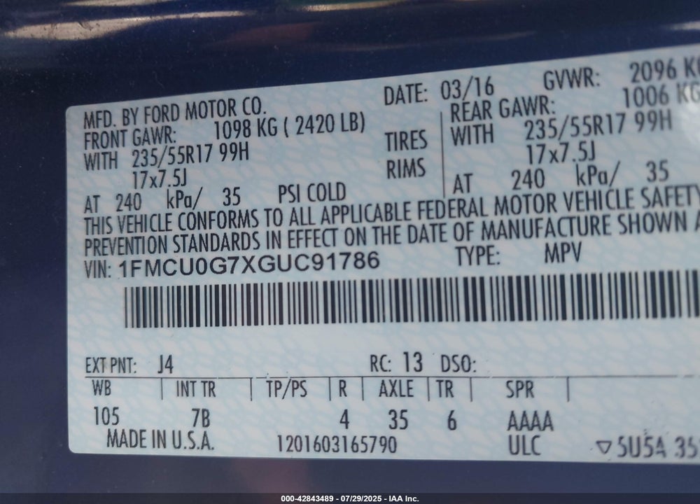 2016 FORD ESCAPE SE VIN: 1FMCU0G7XGUC91786