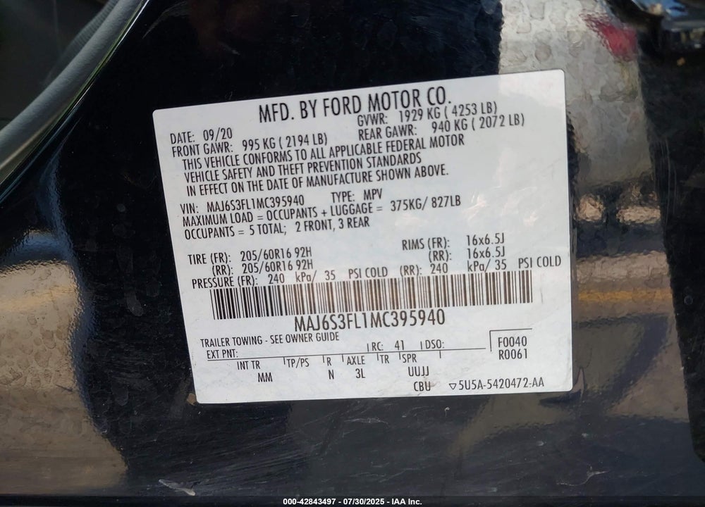 2021 FORD ECOSPORT VIN: MAJ6S3FL1MC395940