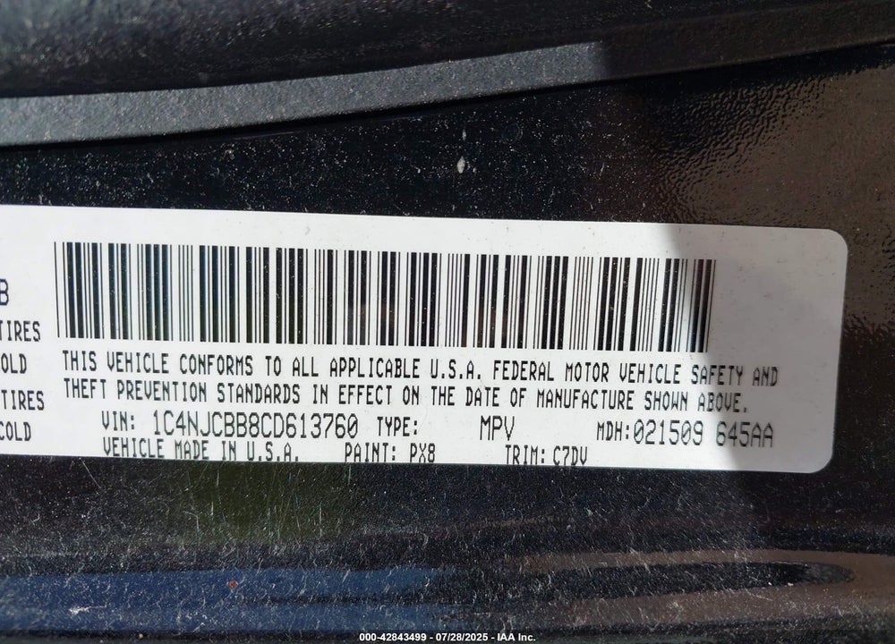2012 JEEP COMPASS VIN: 1C4NJCBB8CD613760