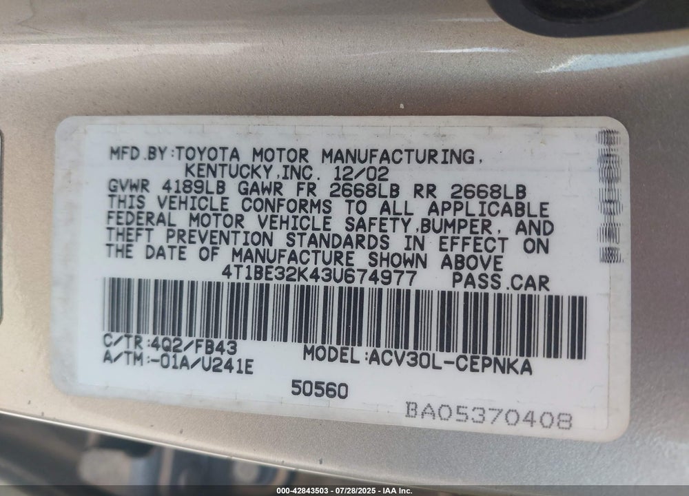 2003 TOYOTA CAMRY LE VIN: 4T1BE32K43U674977
