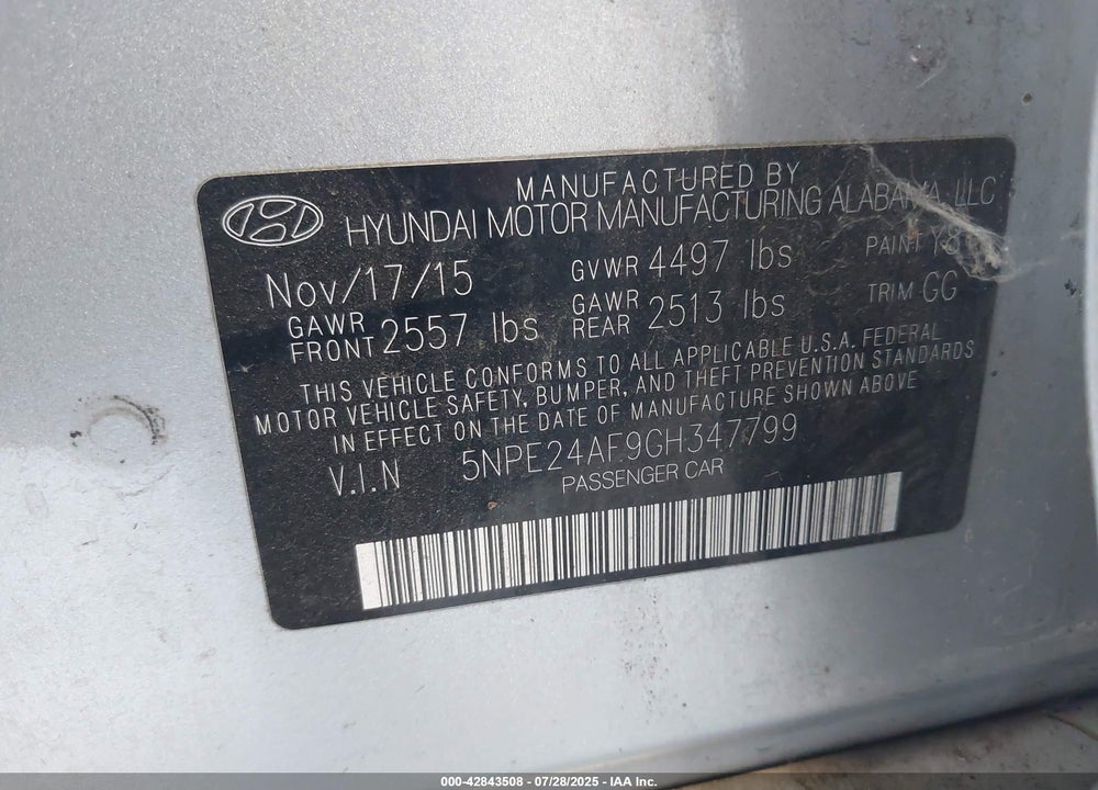 2016 HYUNDAI SONATA VIN: 5NPE24AF9GH347799