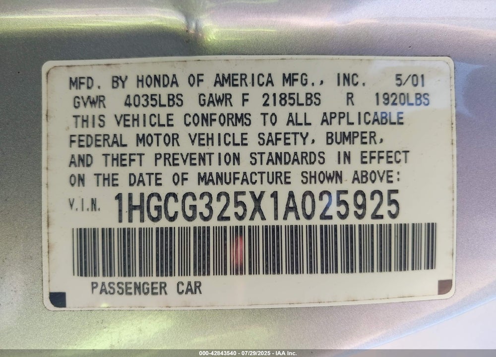 2001 HONDA ACCORD 2.3 EX VIN: 1HGCG325X1A025925