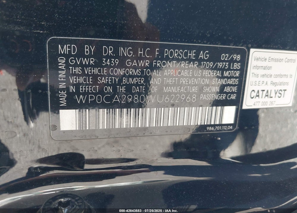 1998 PORSCHE BOXSTER VIN: WP0CA2980WU622968