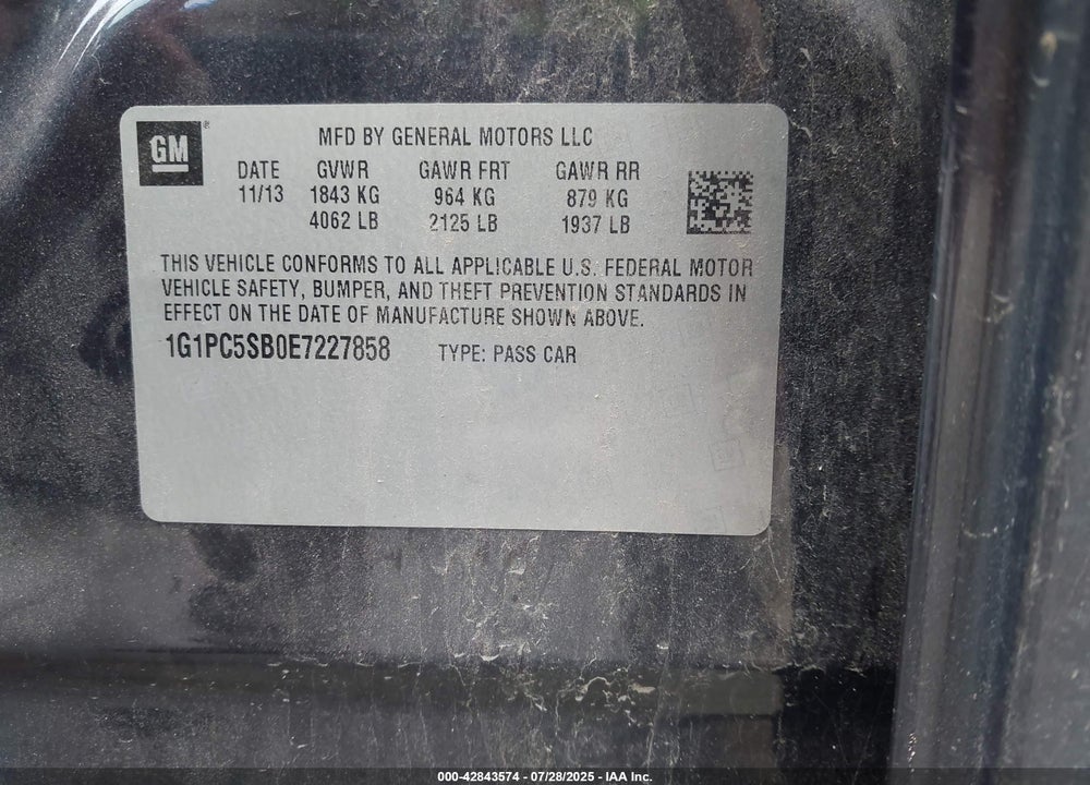 2014 CHEVROLET CRUZE VIN: 1G1PC5SB0E7227858