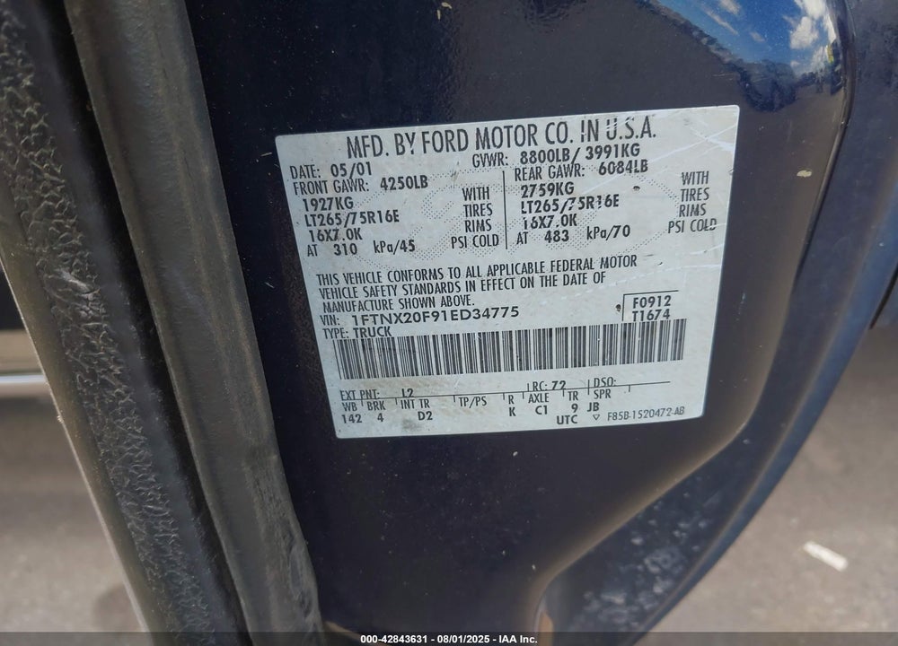 2001 FORD F-250 VIN: 1FTNX20F91ED34775