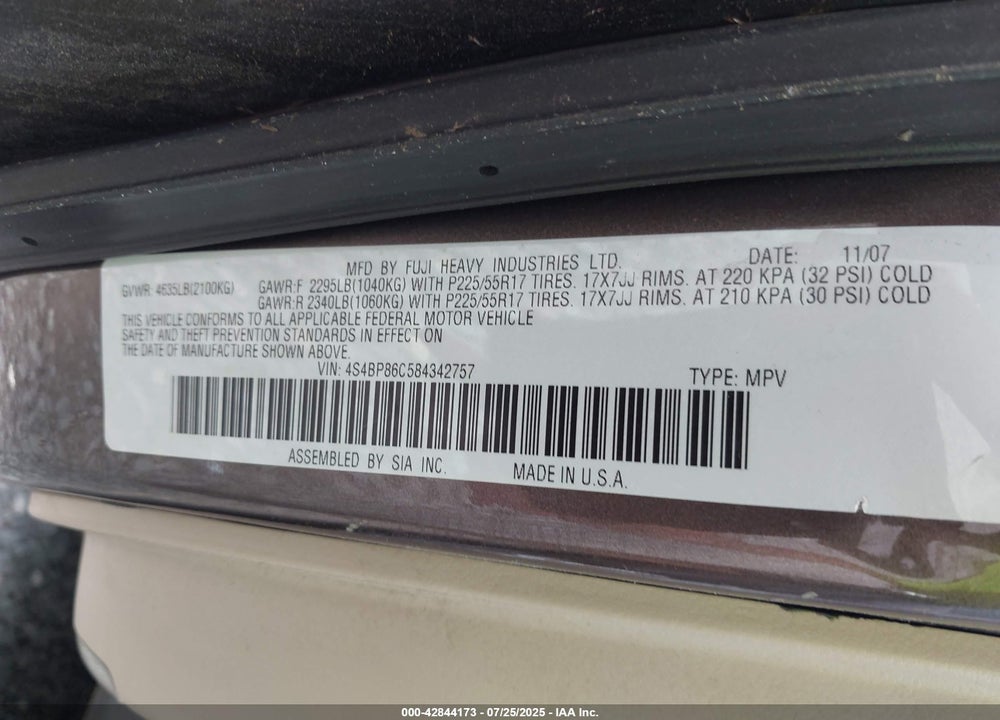 2008 SUBARU OUTBACK VIN: 4S4BP86C584342757