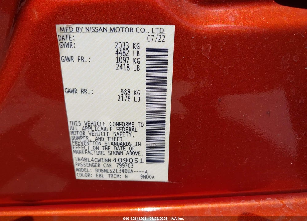 2022 NISSAN ALTIMA VIN: 1N4BL4CW1NN409051