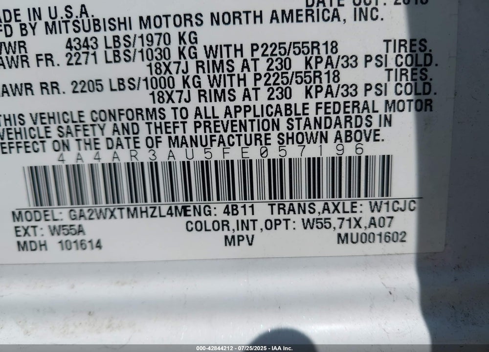 2015 MITSUBISHI OUTLANDER SPORT VIN: 4A4AR3AU5FE057196