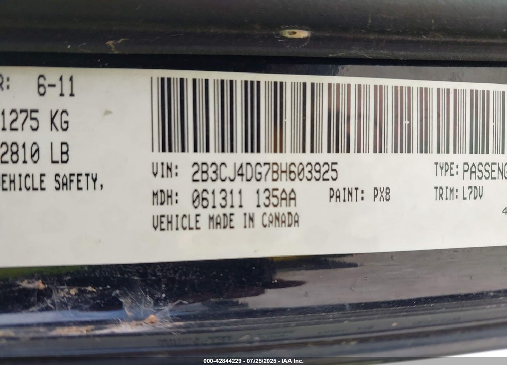 2011 DODGE CHALLENGER VIN: 2B3CJ4DG7BH603925
