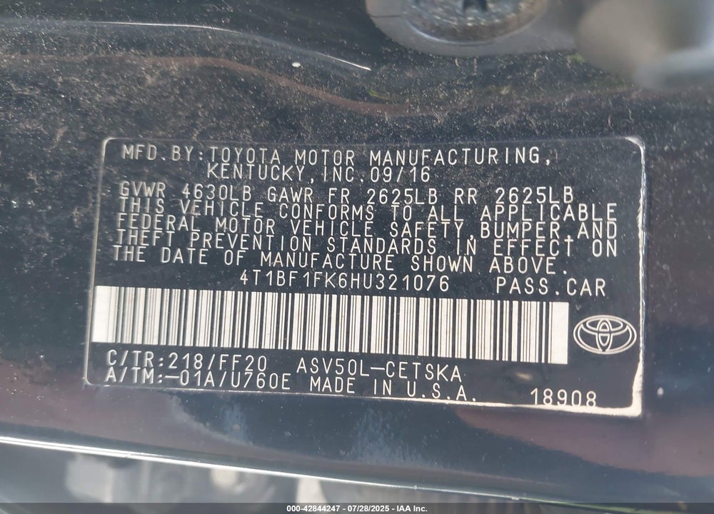 2017 TOYOTA CAMRY VIN: 4T1BF1FK6HU321076