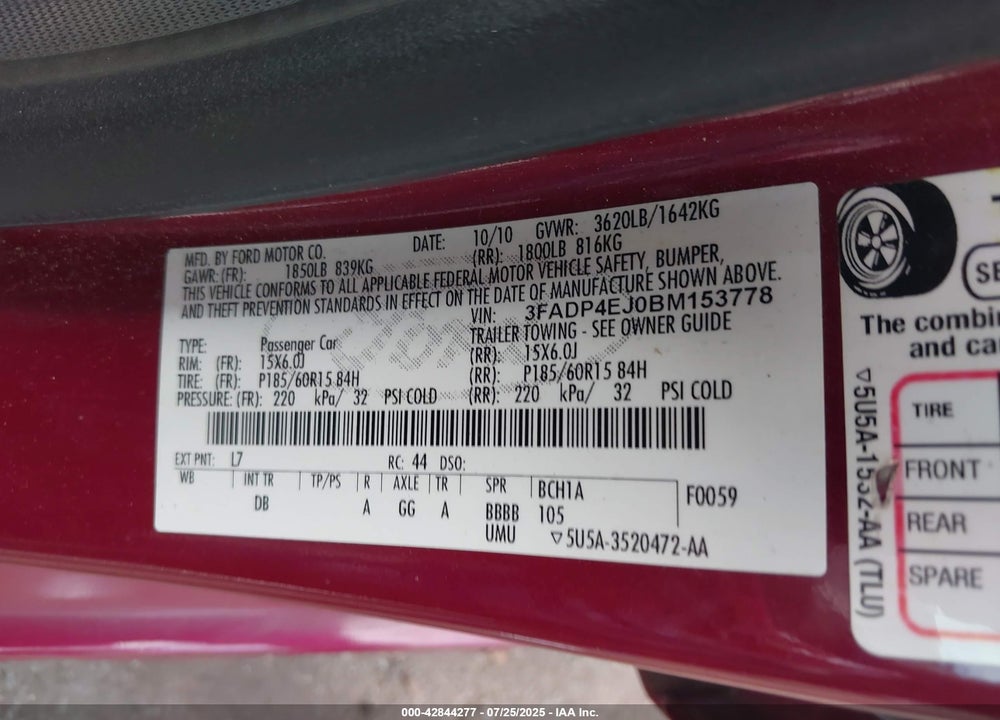 2011 FORD FIESTA VIN: 3FADP4EJ0BM153778