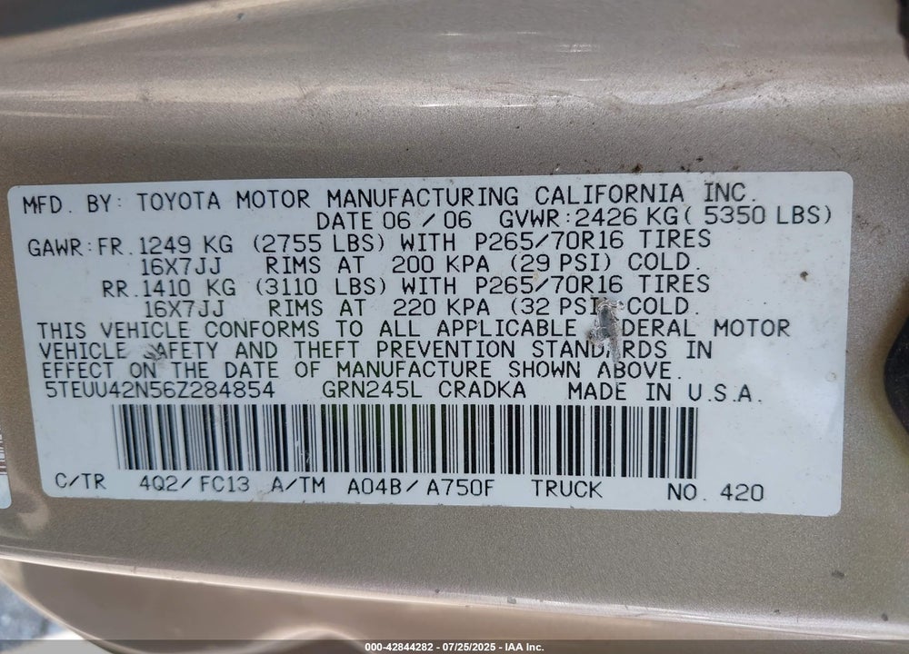 2006 TOYOTA TACOMA VIN: 5TEUU42N56Z284854