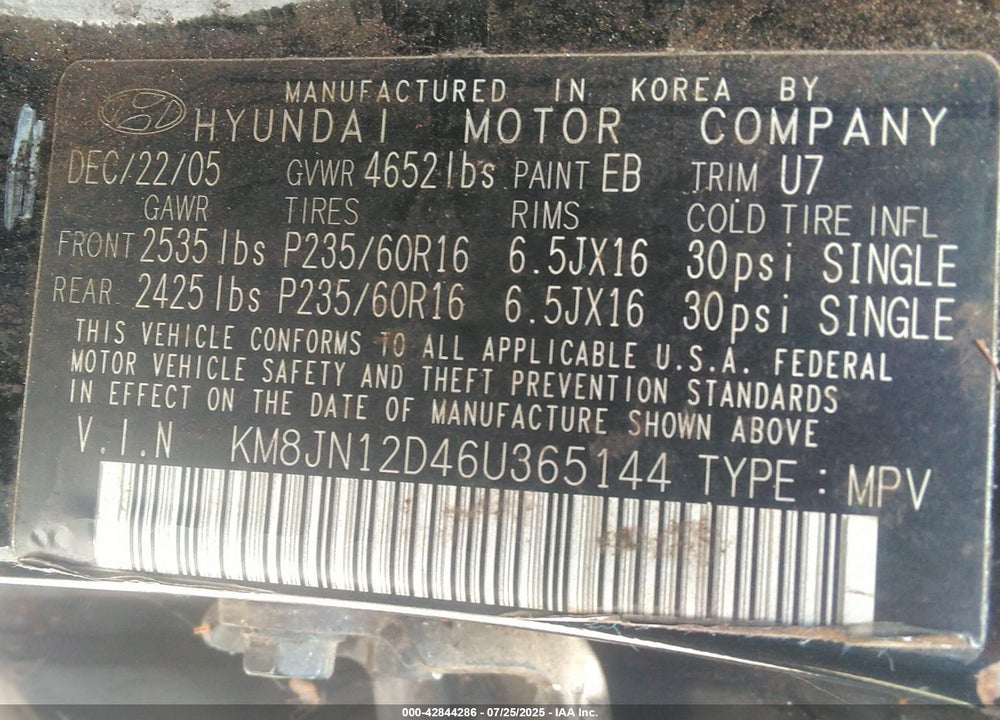 2006 HYUNDAI TUCSON VIN: KM8JN12D46U365144