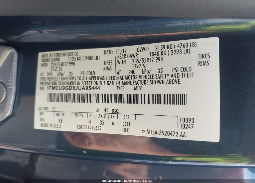 2018 FORD ESCAPE VIN: 1FMCU9GD8JUA95444