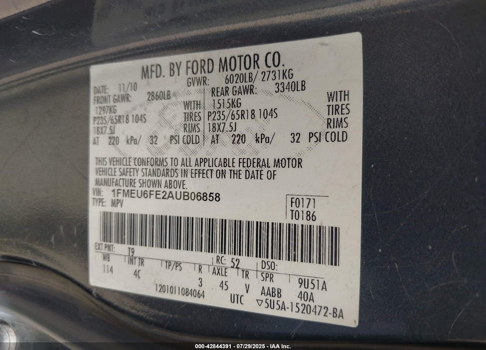 2010 FORD EXPLORER VIN: 1FMEU6FE2AUB06858
