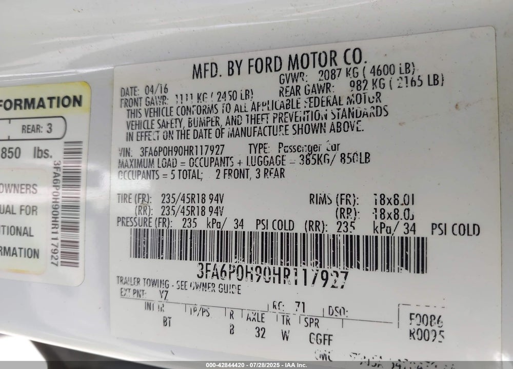 2017 FORD FUSION VIN: 3FA6P0H90HR117927