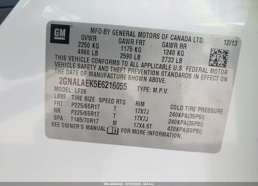 2014 CHEVROLET EQUINOX VIN: 2GNALAEK5E6216055