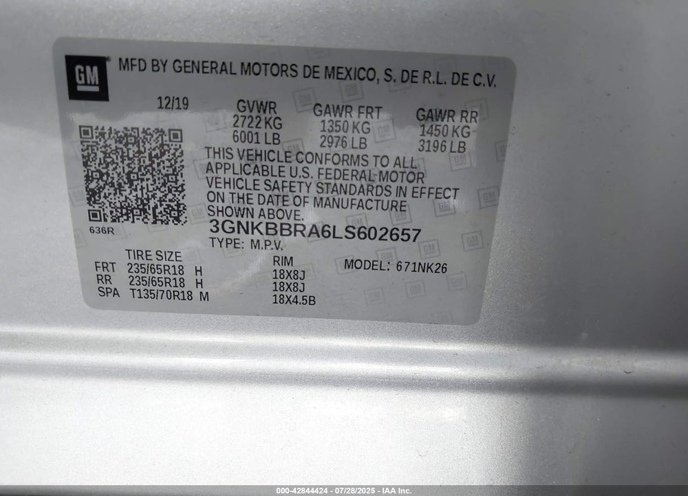 2020 CHEVROLET BLAZER VIN: 3GNKBBRA6LS602657