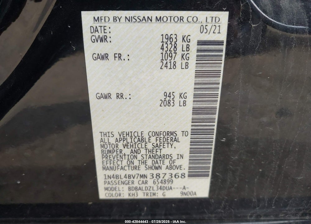 2021 NISSAN ALTIMA VIN: 1N4BL4BV7MN387368
