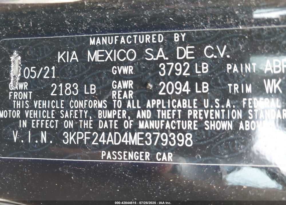 2021 KIA FORTE VIN: 3KPF24AD4ME379398