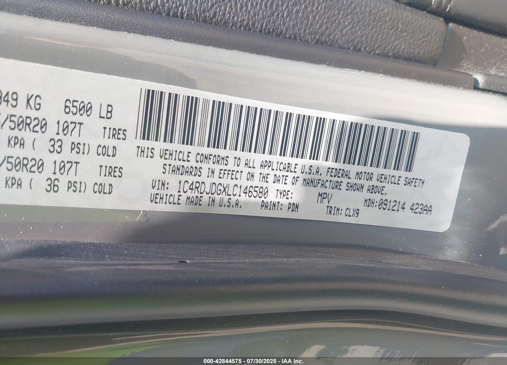 2020 DODGE DURANGO VIN: 1C4RDJDGXLC146580