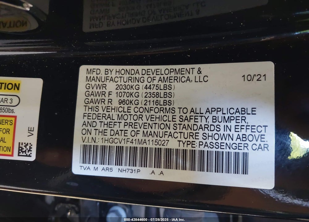 2021 HONDA ACCORD SPORT SPECIAL EDITION VIN: 1HGCV1F41MA115027