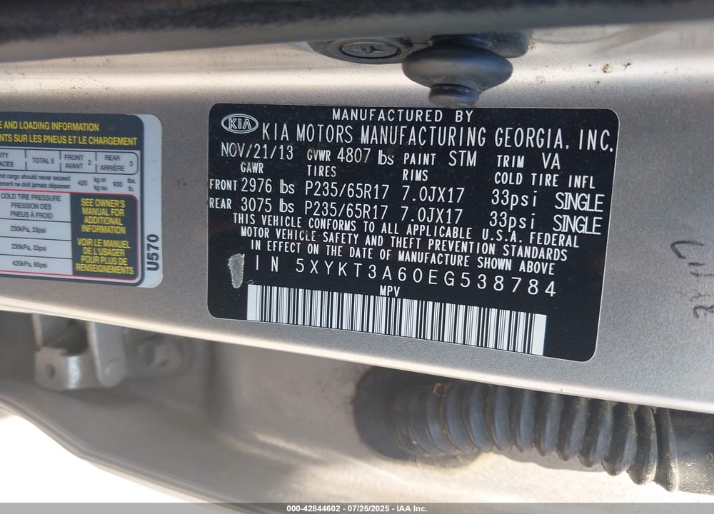 2014 KIA SORENTO VIN: 5XYKT3A60EG538784