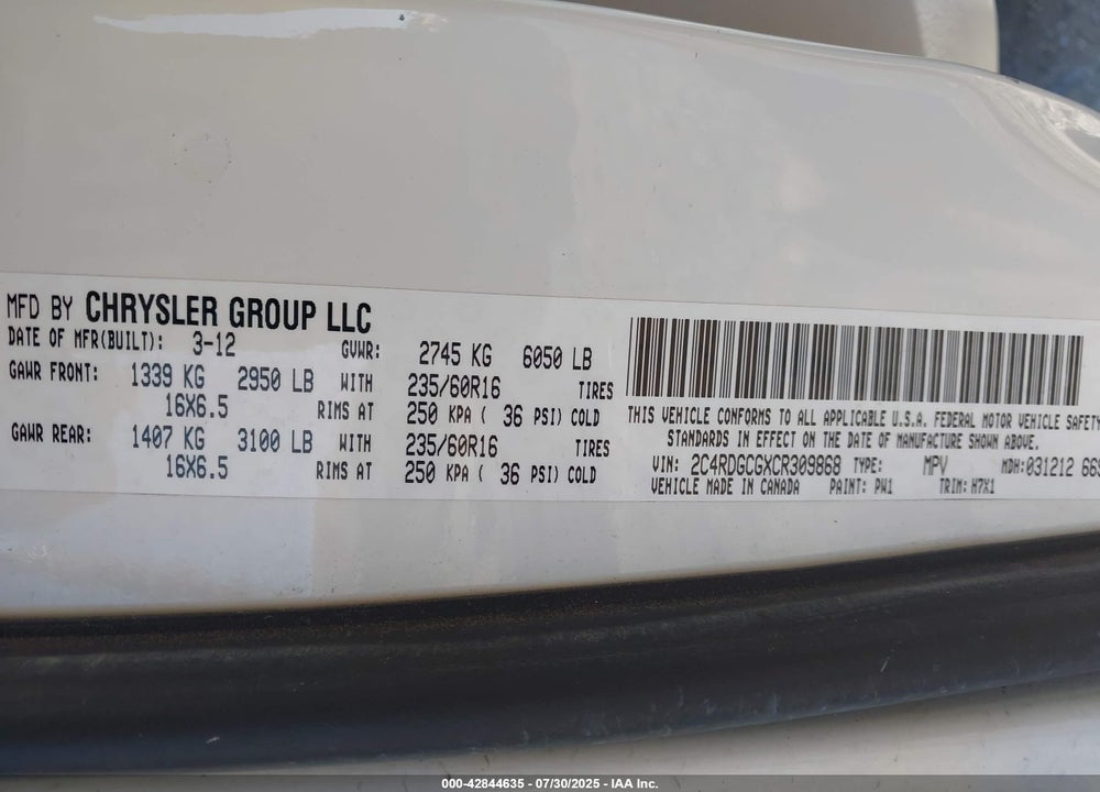 2012 DODGE GRAND CARAVAN SXT VIN: 2C4RDGCGXCR309868