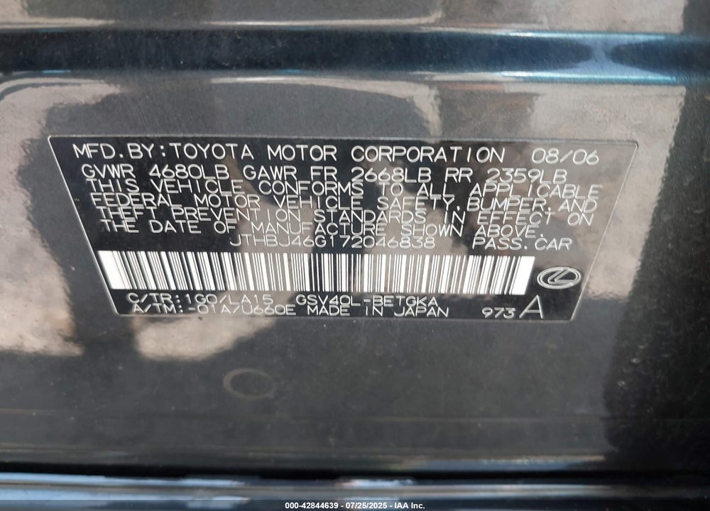 2007 LEXUS ES350 VIN: JTHBJ46G172046838