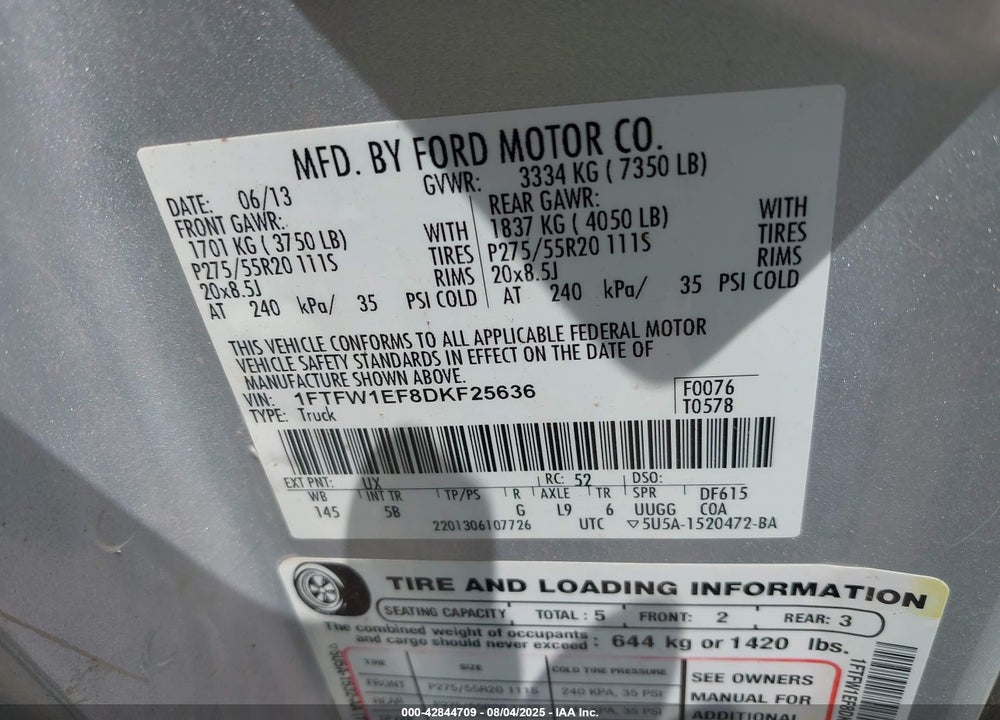 2013 FORD F-150 FX4 VIN: 1FTFW1EF8DKF25636