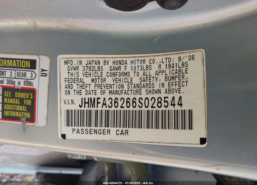 2006 HONDA CIVIC HYBRID VIN: JHMFA36266S028544