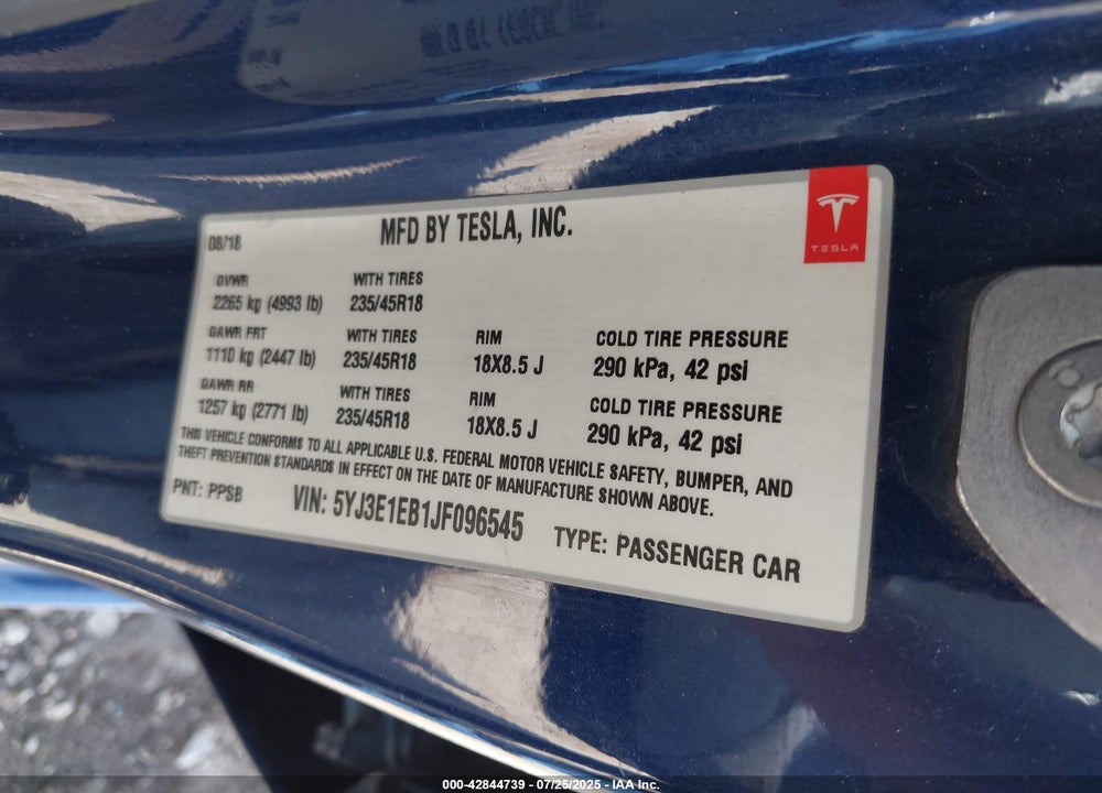 2018 TESLA MODEL 3 VIN: 5YJ3E1EB1JF096545