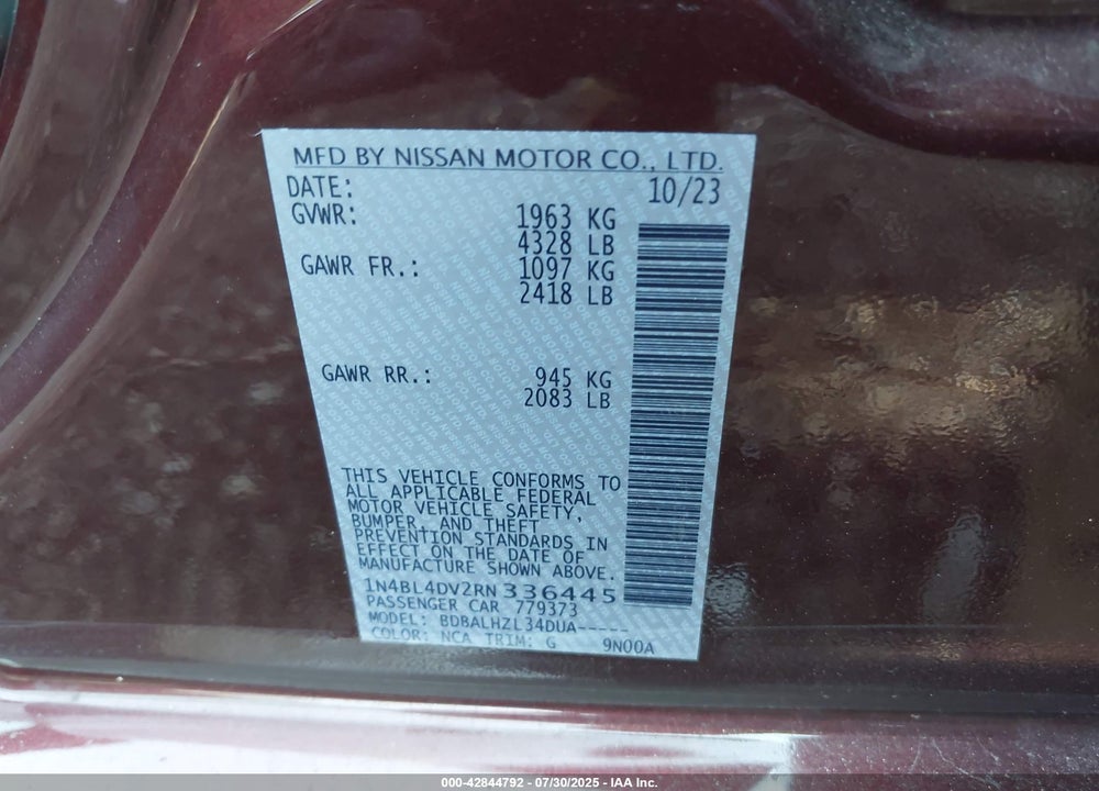 2024 NISSAN ALTIMA VIN: 1N4BL4DV2RN336445