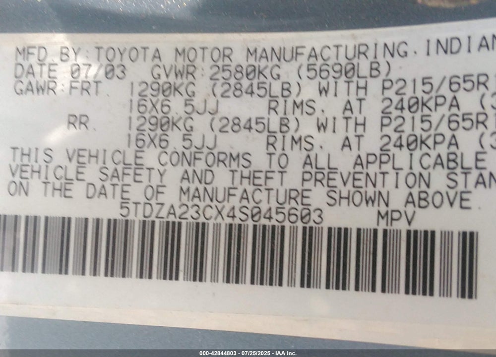 2004 TOYOTA SIENNA VIN: 5TDZA23CX4S045603