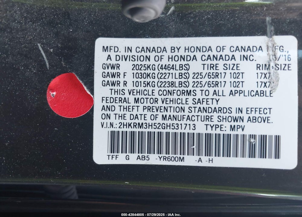 2016 HONDA CR-V VIN: 2HKRM3H52GH531713
