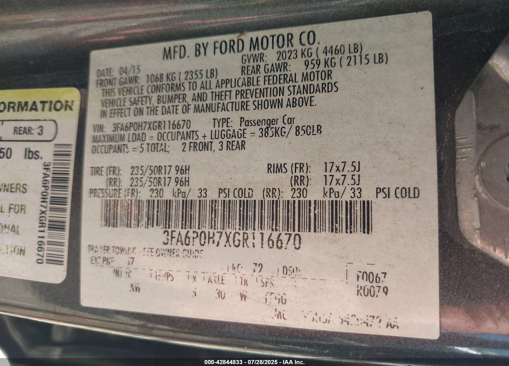 2016 FORD FUSION VIN: 3FA6P0H7XGR116670