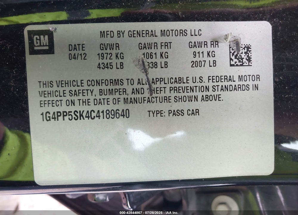 2012 BUICK VERANO VIN: 1G4PP5SK4C4189640