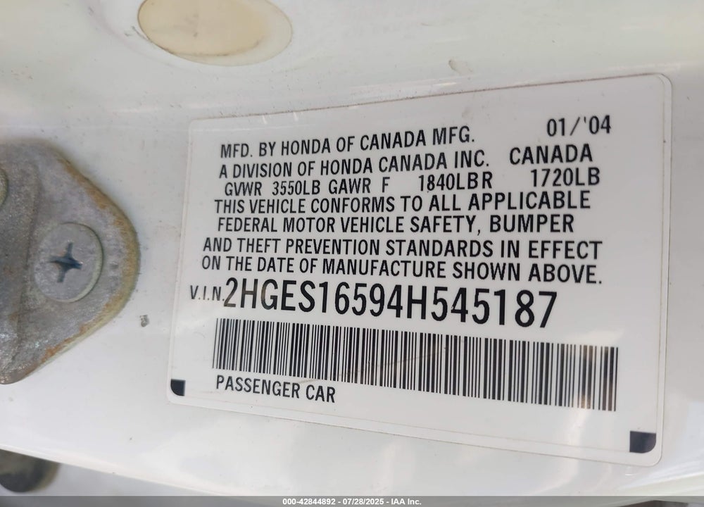 2004 HONDA CIVIC VIN: 2HGES16594H545187