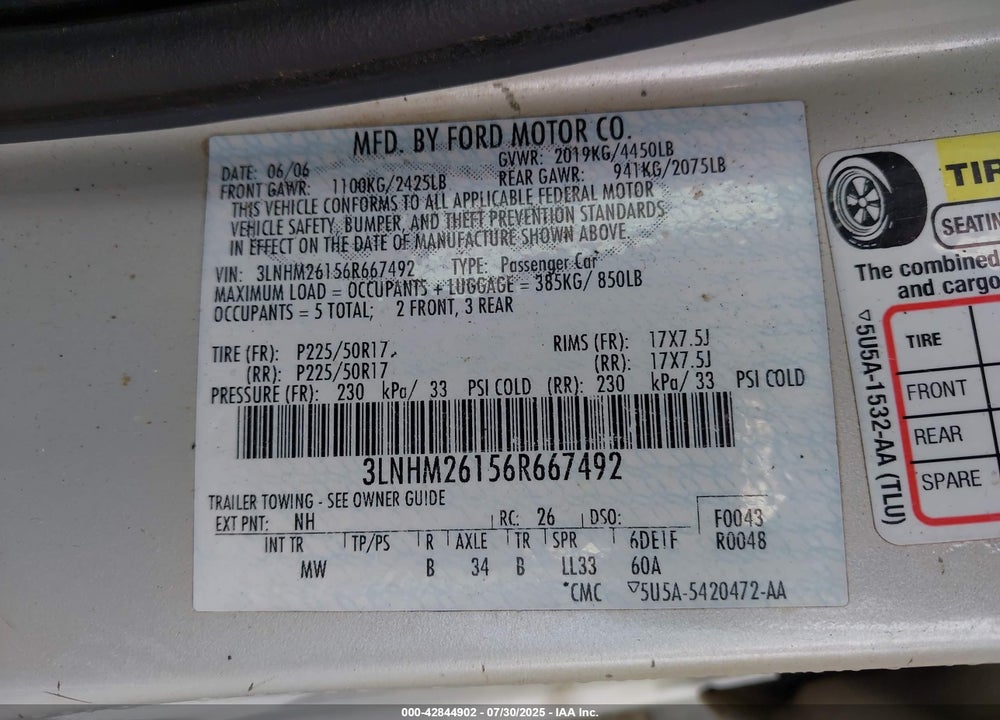 2006 LINCOLN ZEPHYR VIN: 3LNHM26156R667492