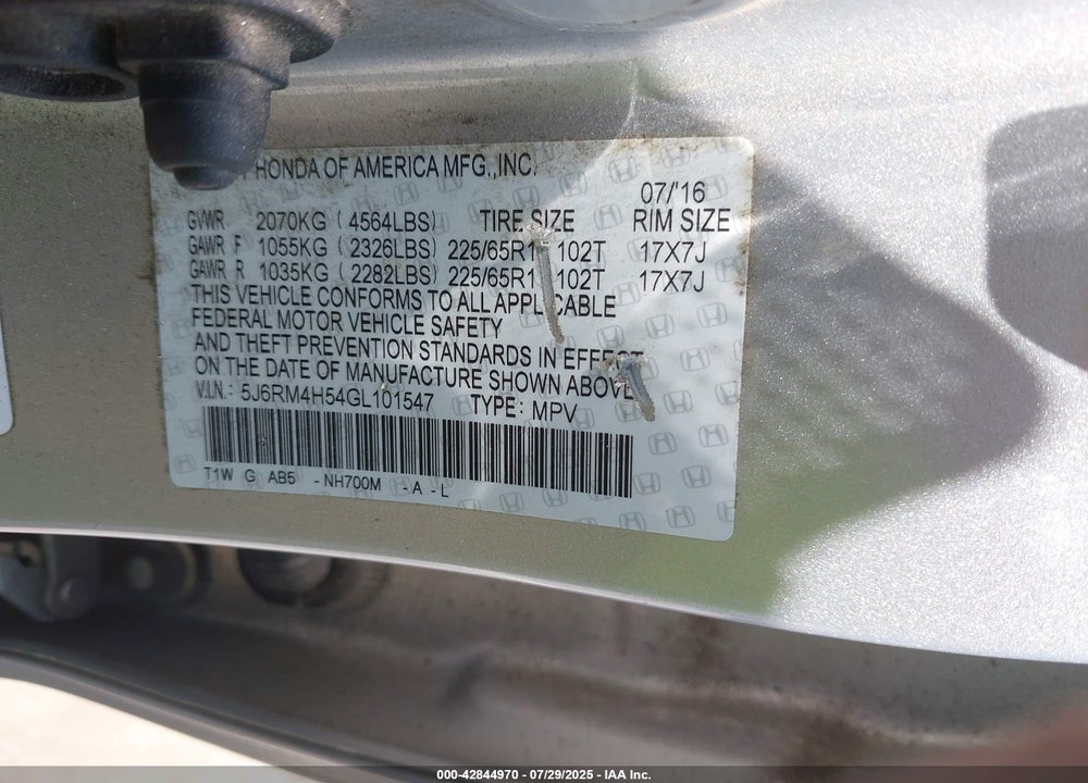2016 HONDA CR-V VIN: 5J6RM4H54GL101547