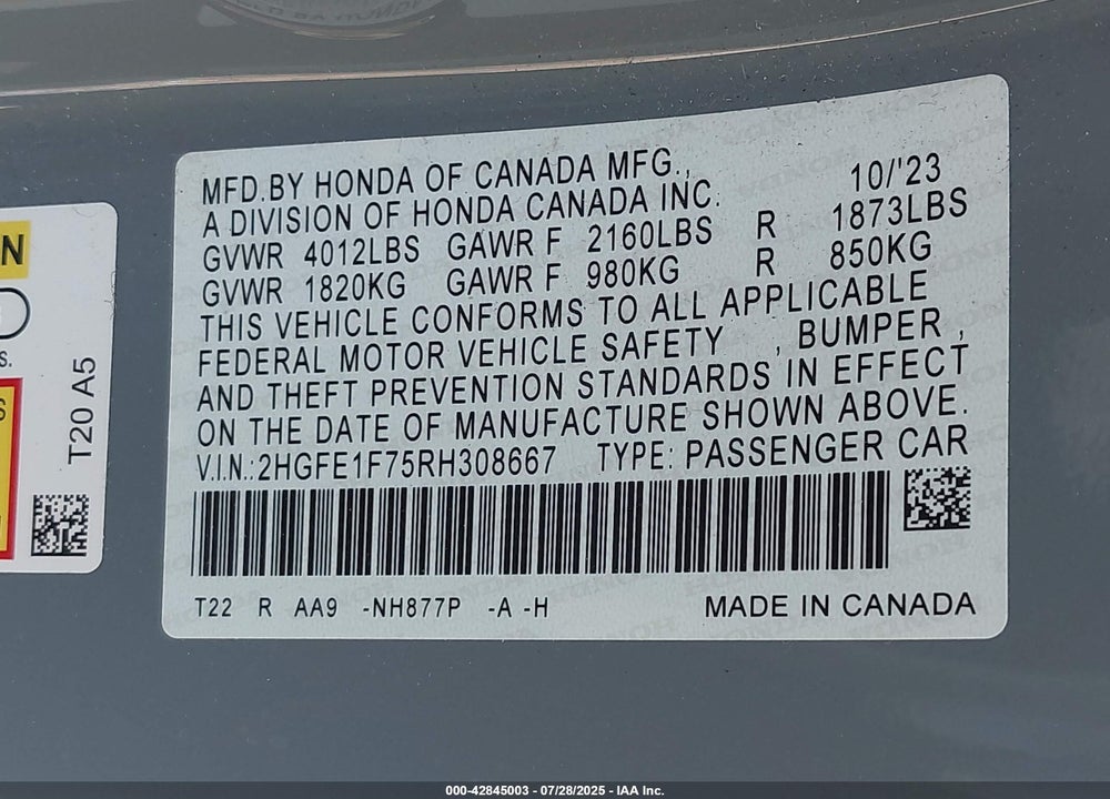2024 HONDA CIVIC VIN: 2HGFE1F75RH308667