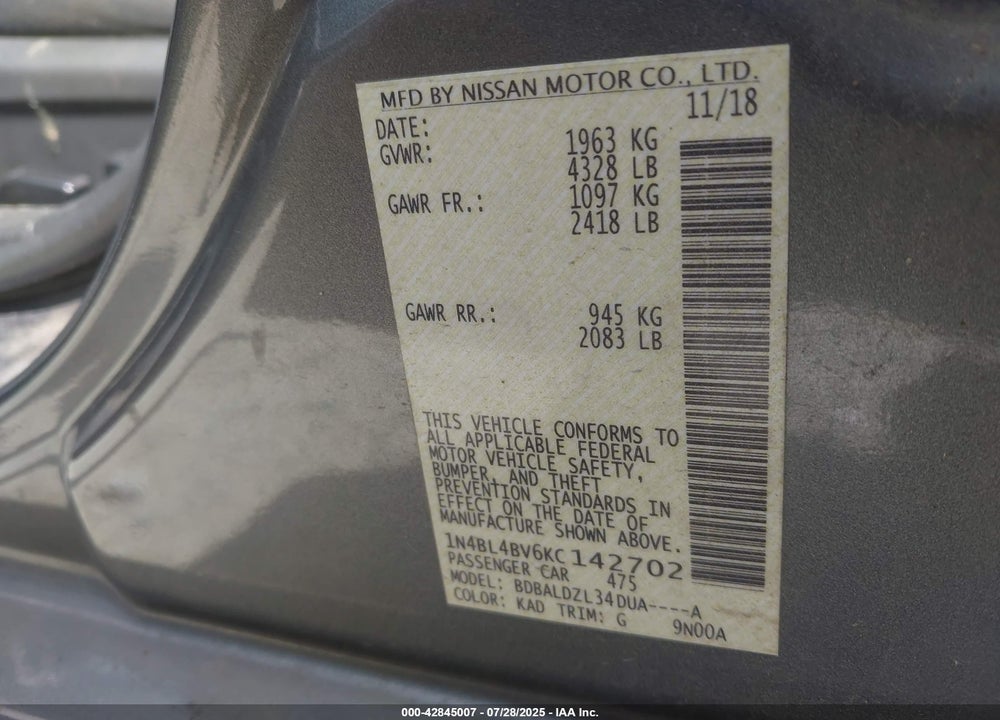 2019 NISSAN ALTIMA VIN: 1N4BL4BV6KC142702