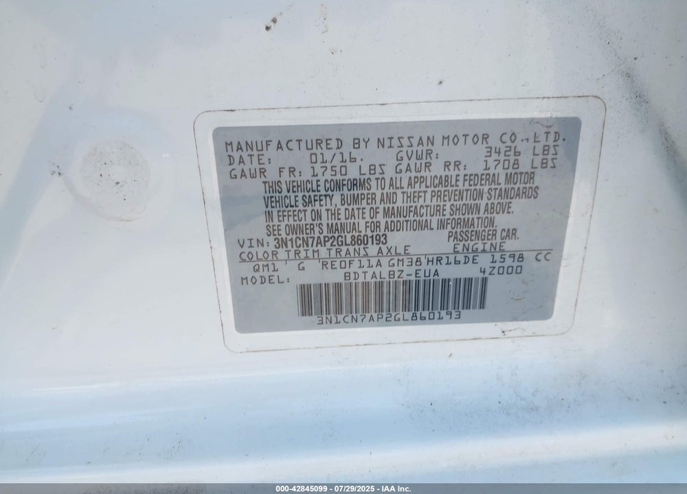 2016 NISSAN VERSA VIN: 3N1CN7AP2GL860193
